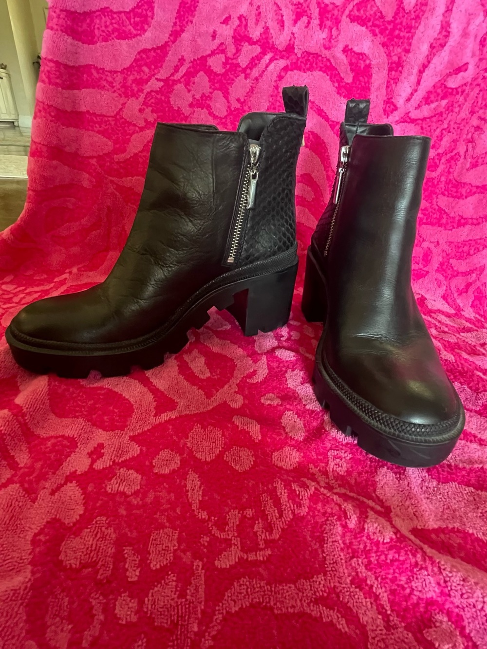 Gianni Bini Black Leather Lug Heel Ankle Boots